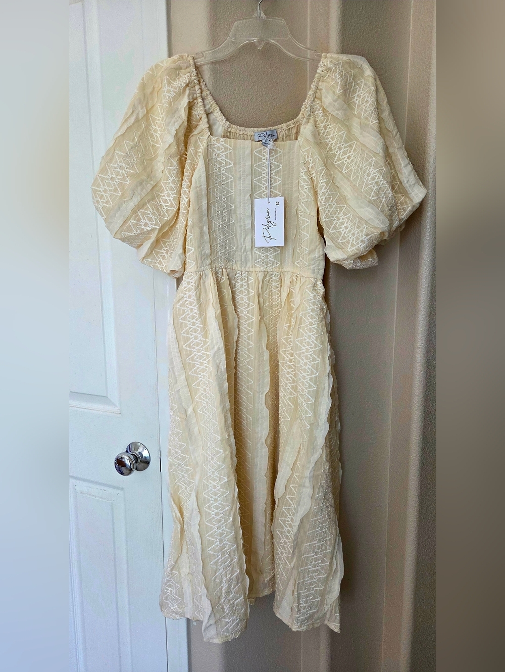 NWT POLAGRAM Textured Puff Sleeve Midi Dress Size S